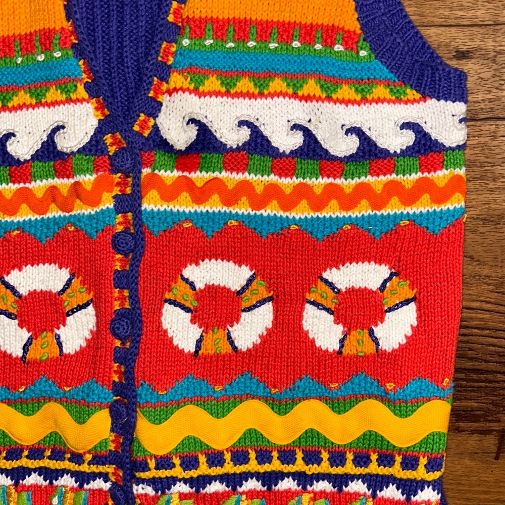 Marisa Christina ~ Large ~ Hand Knitted ~ Orange/Yellow/Blue ~ Ocean/Fish ~ Vest - Picture 12 of 16